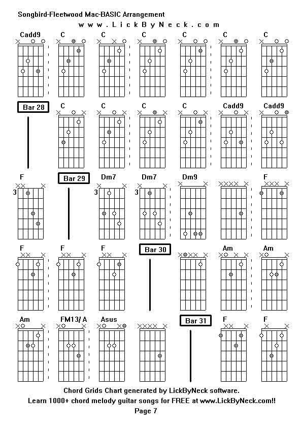 Chord Grids Chart of chord melody fingerstyle guitar song-Songbird-Fleetwood Mac-BASIC Arrangement,generated by LickByNeck software.